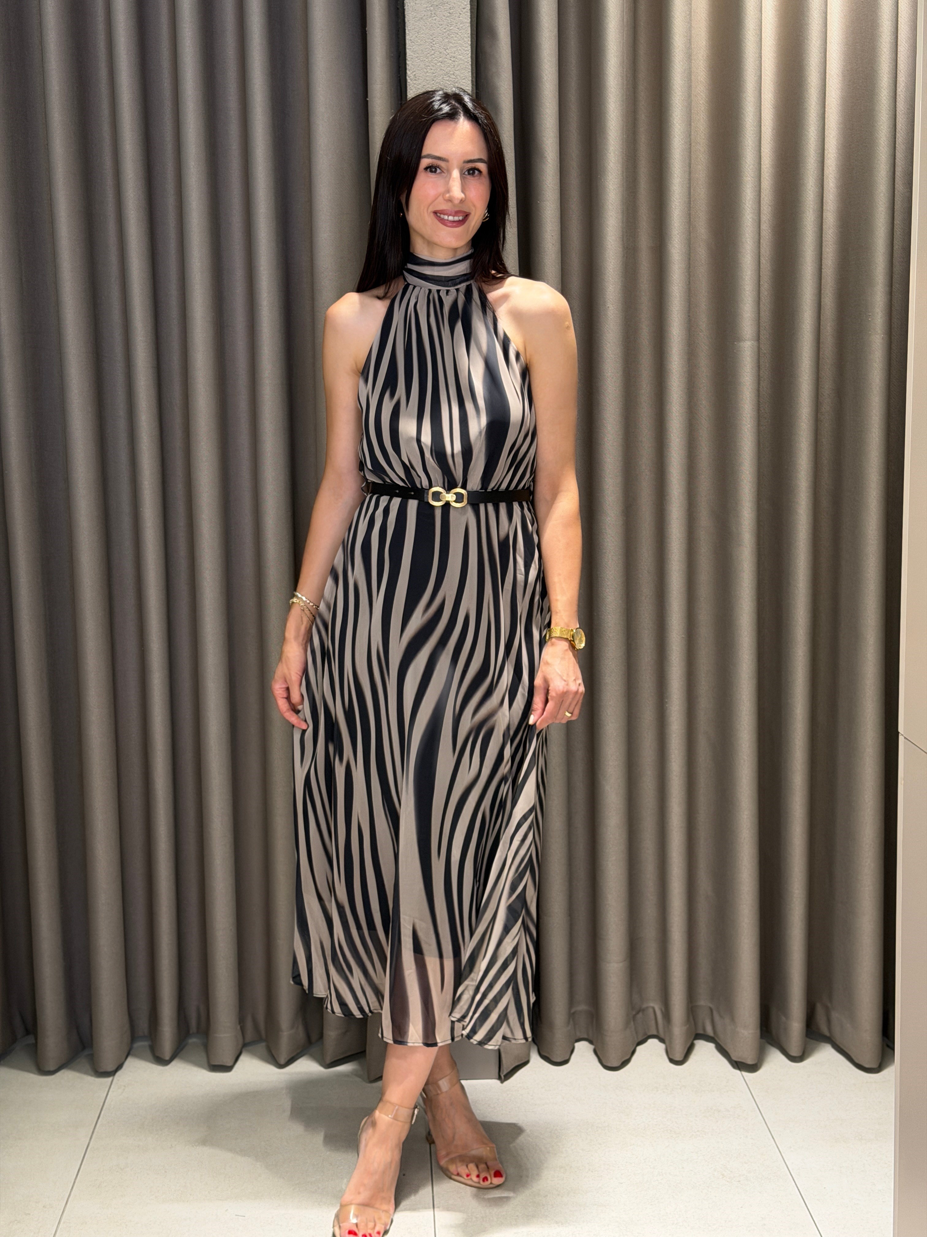 Zebra Kemerli Midi Şifon Elbise SİYAH