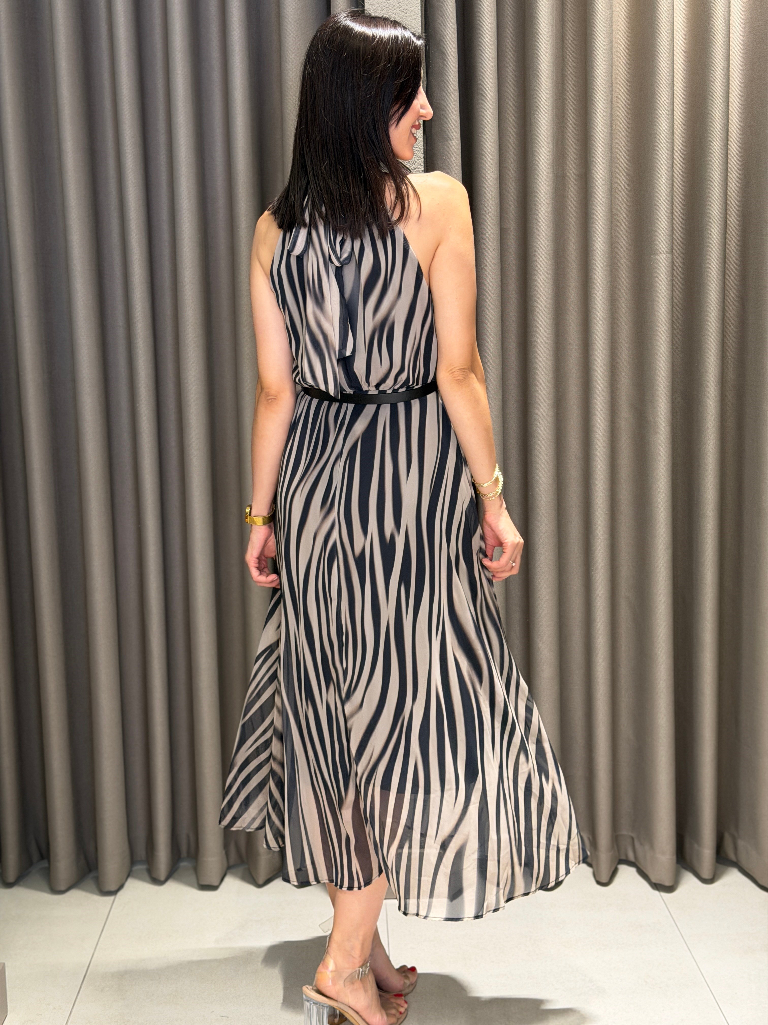 Zebra Kemerli Midi Şifon Elbise SİYAH
