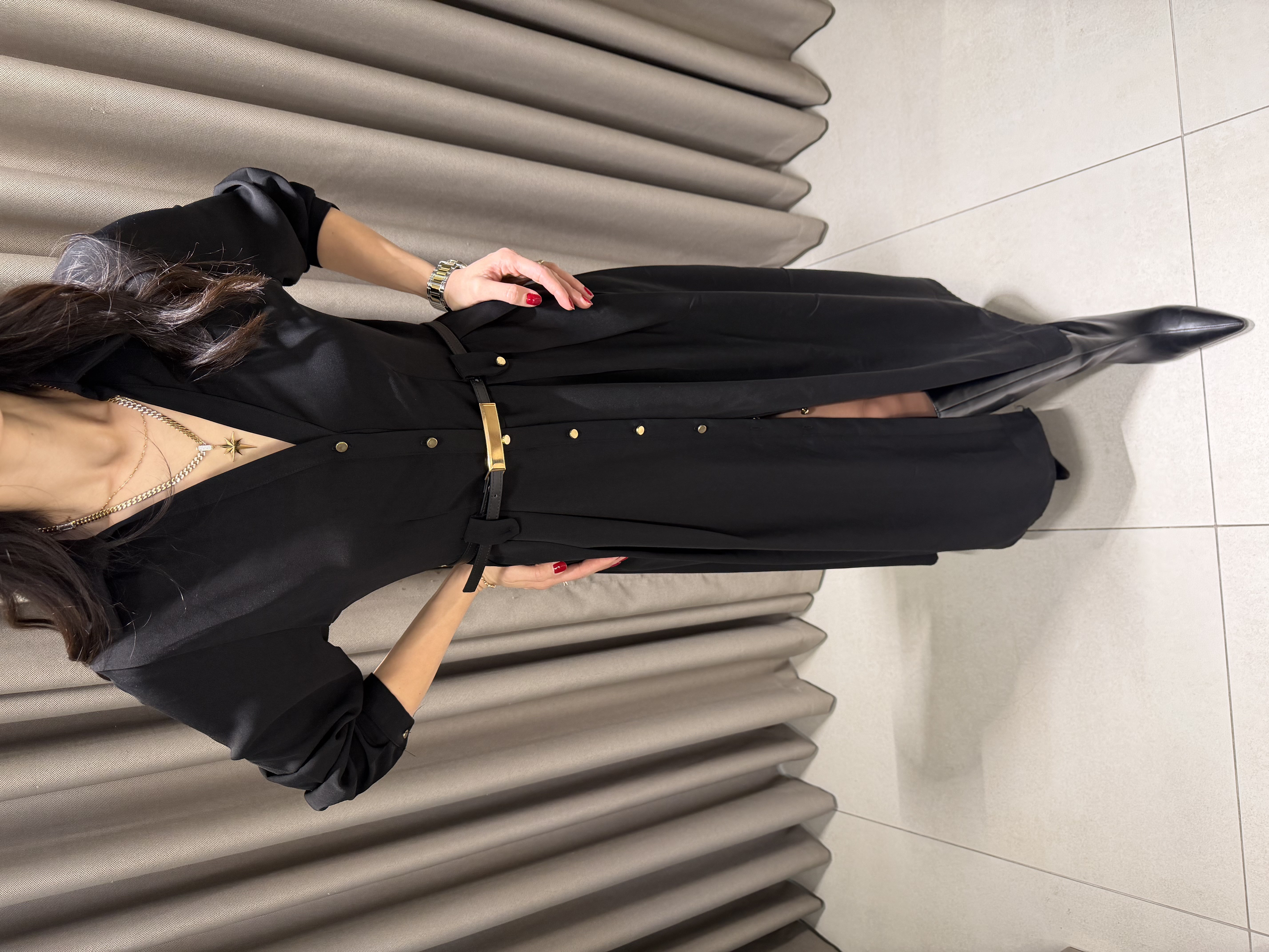ZR MODEL TENSEL MİDİ BOY DÜĞMELİ ELBİSE SİYAH