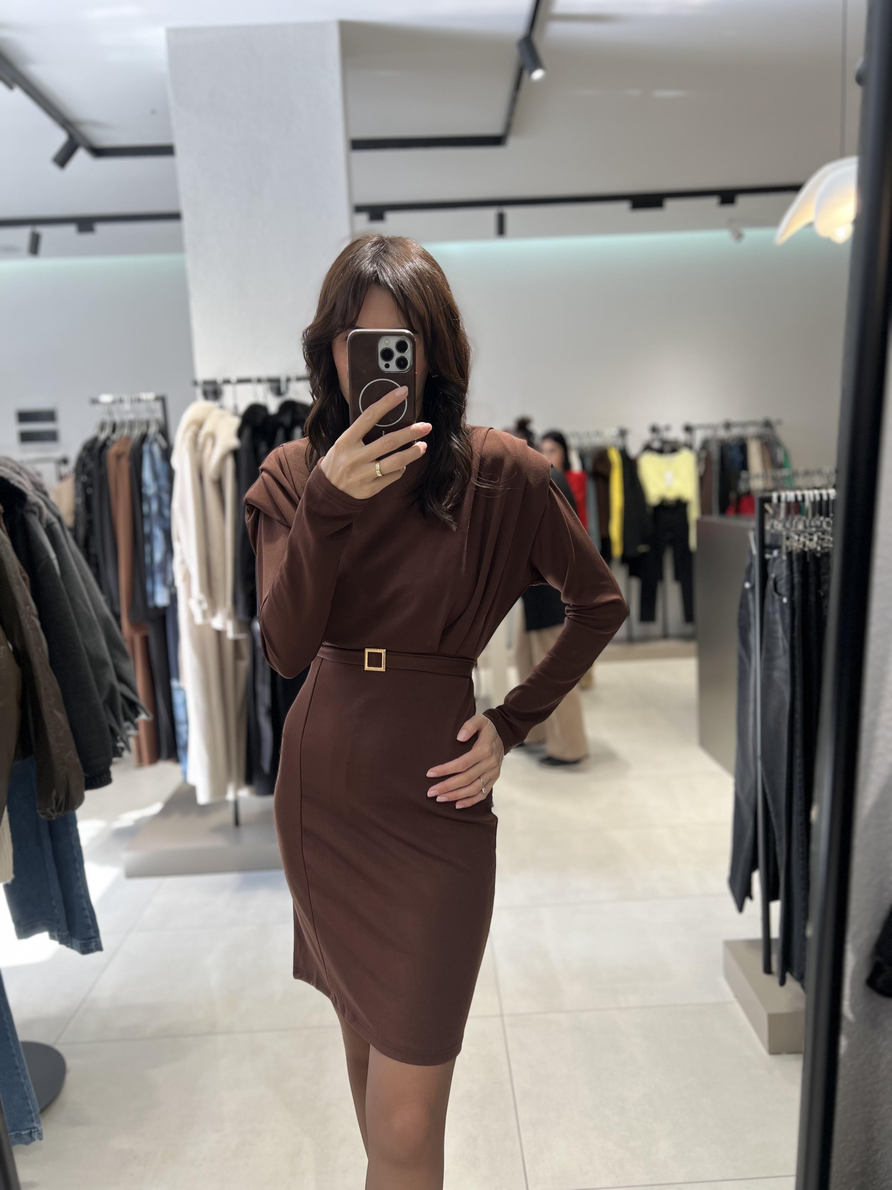 Zr Model Vatkalı Mini Elbise KAHVE