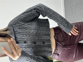  Dilvin Polo Yaka Düğmeli Simli Crop Füme Hırka