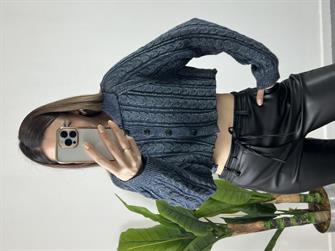  Dilvin Polo Yaka Düğmeli Simli Crop Lacivert Hırka