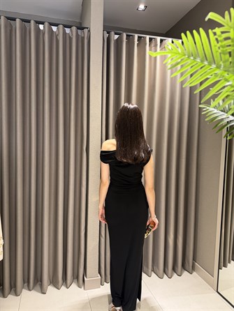 ASKILI BELİ BÜZGÜLÜ ELBİSE SİYAH