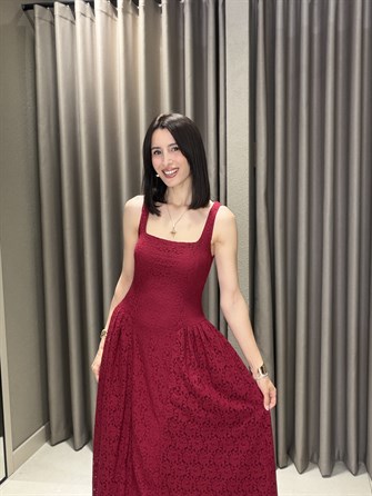 Askılı Dantel Çan Elbise BORDO