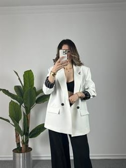 Astarı Çizgili Beyaz Owersize Blazer Ceket