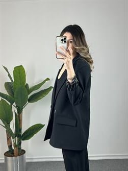 Astarı Çizgili Siyah Owersize Blazer Ceket