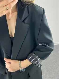 Astarı Çizgili Siyah Owersize Blazer Ceket