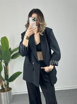 Astarı Çizgili Siyah Owersize Blazer Ceket
