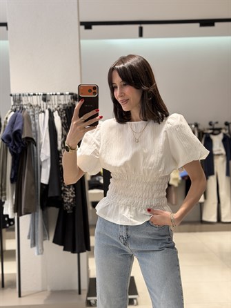 Balon Kol Beli Büzgülü Bluz BEYAZ