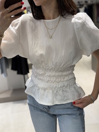 Balon Kol Beli Büzgülü Bluz BEYAZ