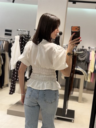 Balon Kol Beli Büzgülü Bluz BEYAZ