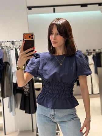 Balon Kol Beli Büzgülü Bluz LACİVERT