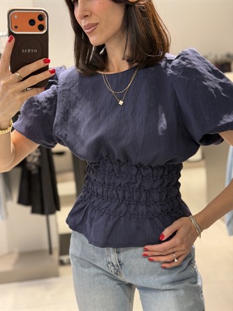 Balon Kol Beli Büzgülü Bluz LACİVERT