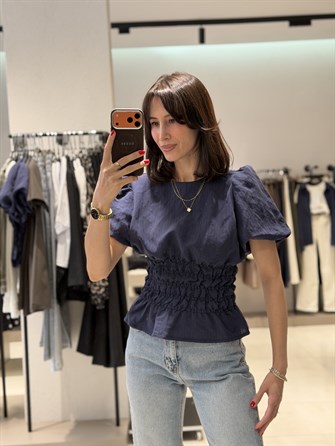Balon Kol Beli Büzgülü Bluz LACİVERT