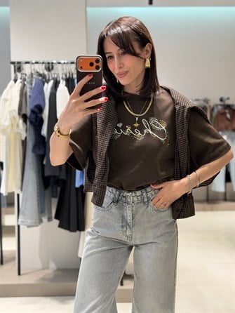 Baskılı Taşlı Tshırt KAHVE