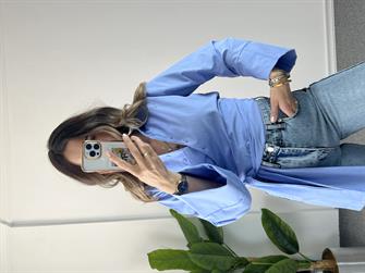 Belden Bağlamalı Geniş Manşet Mavi Gömlek