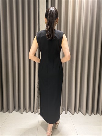 BELİ DRAPELİ MİDİ BOY ELBİSE SİYAH