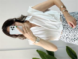 Beli Lastikli Beyaz Crop Yelek