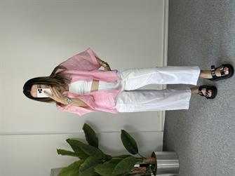 Beli Lastikli Beyaz Keten Pantolon