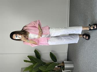 Beli Lastikli Beyaz Keten Pantolon