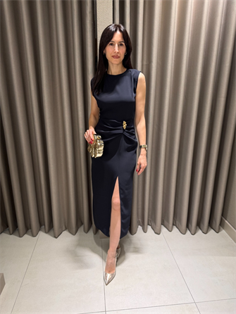 BELİ TOKALI MİDİ BOY ELBİSE LACİVERT 