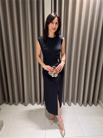 BELİ TOKALI MİDİ BOY ELBİSE LACİVERT 