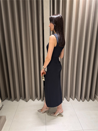 BELİ TOKALI MİDİ BOY ELBİSE LACİVERT 