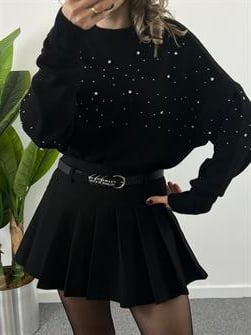 Bisiklet Yaka Siyah Taşlı Kazak