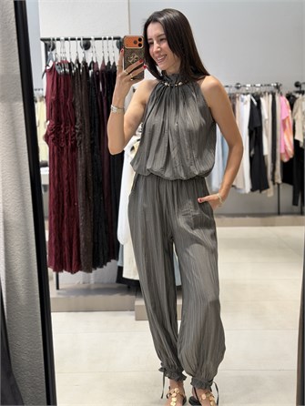 Boncuklu Balon Bluz Pantolon Takım GRİ