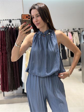 Boncuklu Balon Bluz Pantolon Takım İNDİGO