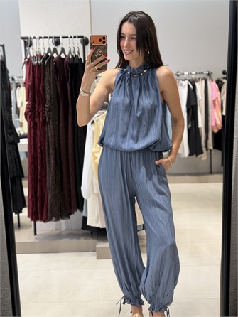 Boncuklu Balon Bluz Pantolon Takım İNDİGO