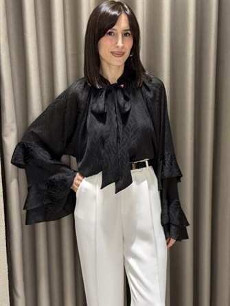 Boyundan Bağlamalı Fırfırlı Bluz SİYAH