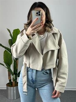 Çapraz Fermuarlı Krem Bomber Ceket