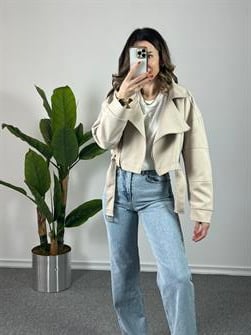 Çapraz Fermuarlı Krem Bomber Ceket