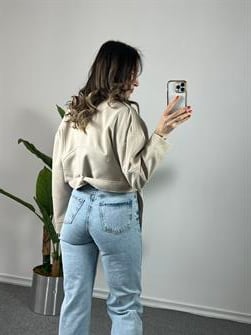 Çapraz Fermuarlı Krem Bomber Ceket