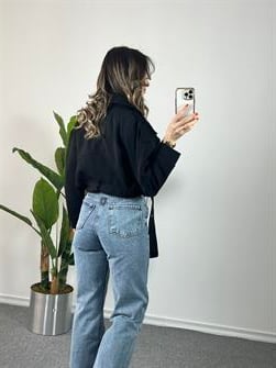 Çapraz Fermuarlı Siyah Bomber Ceket