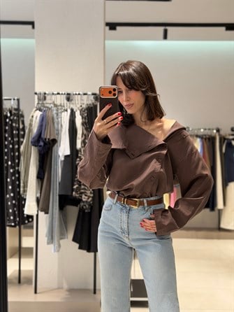 Çarpraz Düğmeli Tensel Gömlek KAHVE