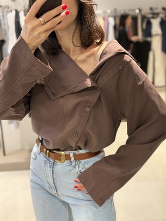 Çarpraz Düğmeli Tensel Gömlek KAHVE