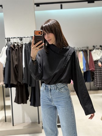 Çarpraz Düğmeli Tensel Gömlek SİYAH