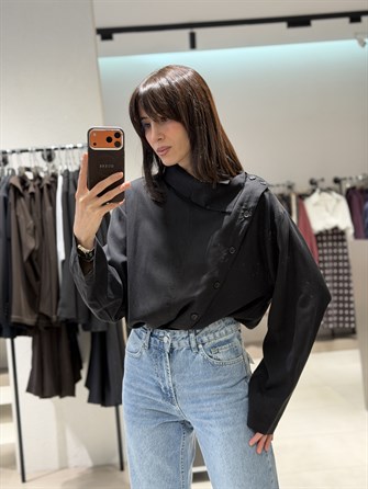 Çarpraz Düğmeli Tensel Gömlek SİYAH