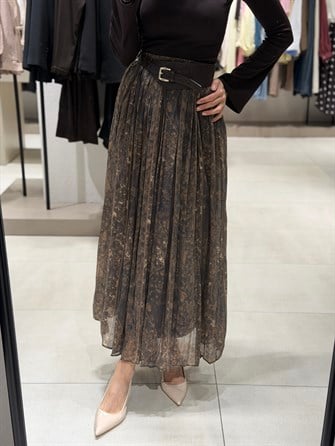 Çiçekli Kemerli Şifon Etek KAHVE