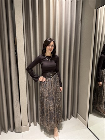 Çiçekli Kemerli Şifon Etek KAHVE