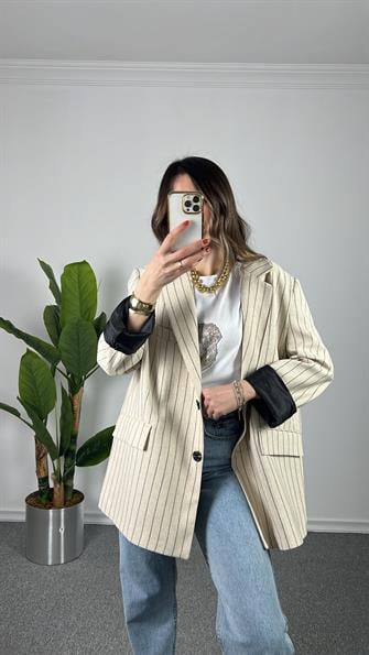 Çizgili Keten Blazer Ceket