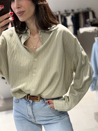 Çizgili Keten Gömlek YEŞİL