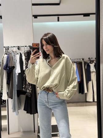 Çizgili Keten Gömlek YEŞİL