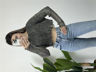 Dilvin Saçaklı Yıkamalı Antrasit Kazak