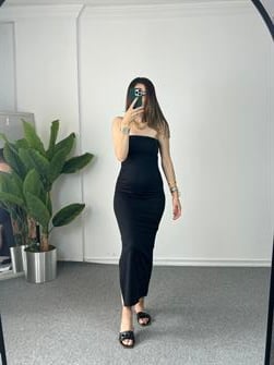 Dilvin Siyah Straplez Yırtmaçlı Elbise