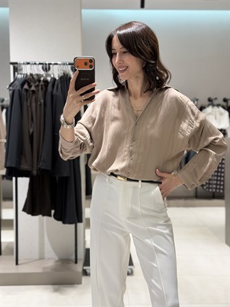 Dokulu Transparan Gömlek VİZON