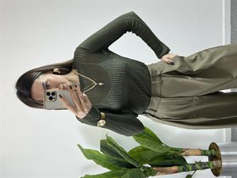 Düğme Detay Haki Palazzo Pantolon