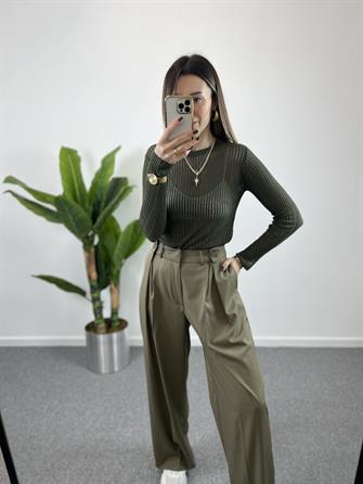 Düğme Detay Haki Palazzo Pantolon